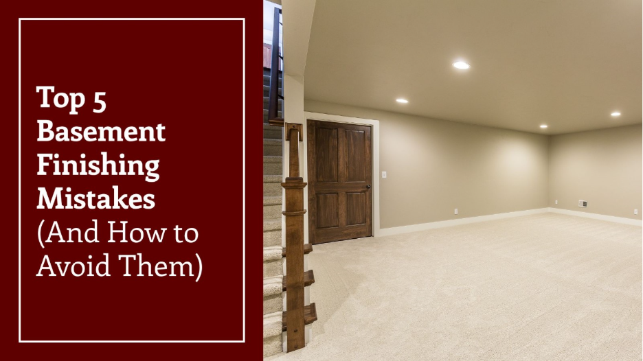 Finished basement with recessed lighting, carpeted flooring, stairs, and a wood-paneled door, alongside text reading “Top 5 Basement Finishing Mistakes (And How to Avoid Them).”